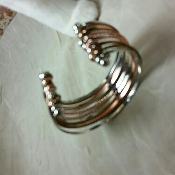 Tri-Tone Wire Cuff Bangle Bracelet Silver Gold Copper Twisted Metal Boho Chic - Picture 6 of 7